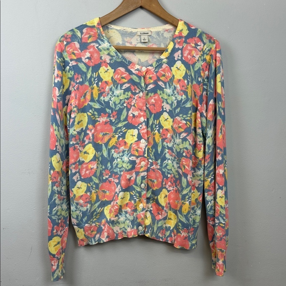 Vintage LL Bean Floral Print Supima Cotton Cardigan Sz L Petite